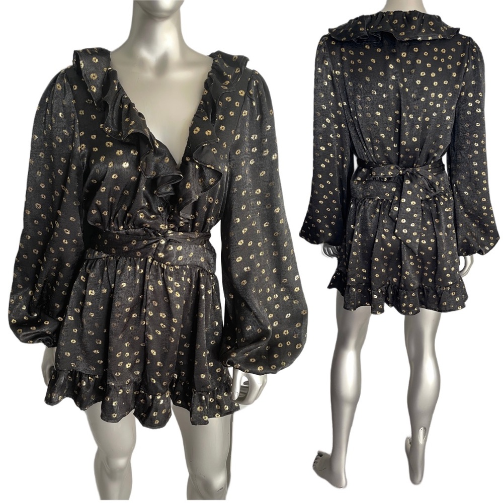 AEOM Black with Gold Long Sleeve Wrap Top Blouse